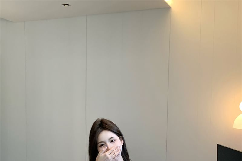 Shorts Waist High Tie Satin Front Top Long Plain / Off Lace Cami V-Neck Shoulder Sleeve