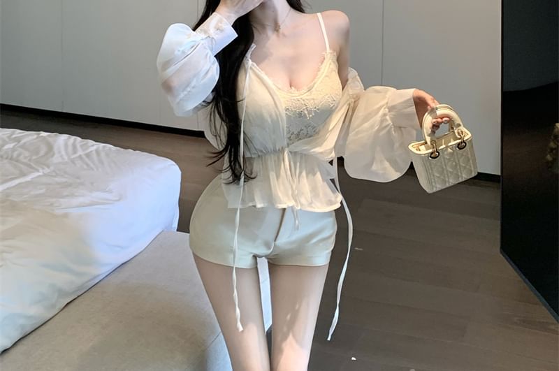 Shorts Waist High Tie Satin Front Top Long Plain / Off Lace Cami V-Neck Shoulder Sleeve