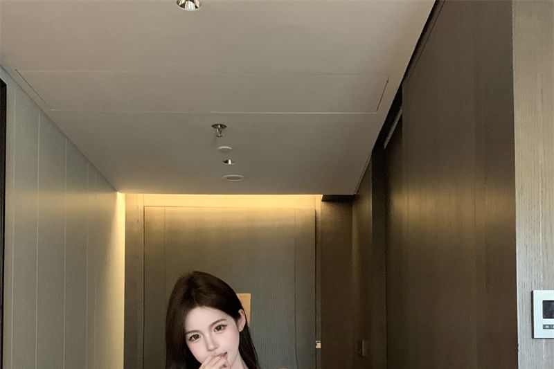 Shorts Waist High Tie Satin Front Top Long Plain / Off Lace Cami V-Neck Shoulder Sleeve