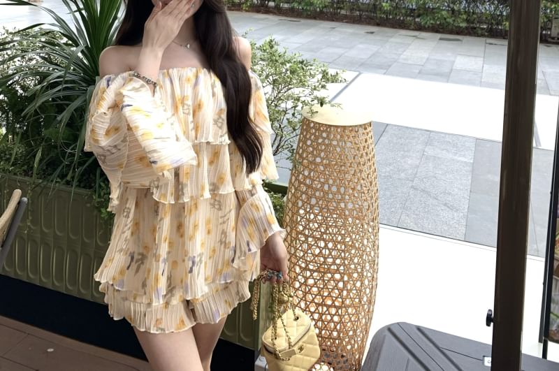 Blouse Long Shorts Off Print Sleeve High Waist / Shoulder Floral Ruffle