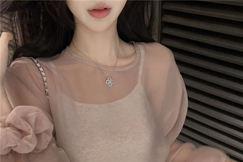 Plain Blouse Set: Sheer Sleeve Top Crew Cami + Neck Long