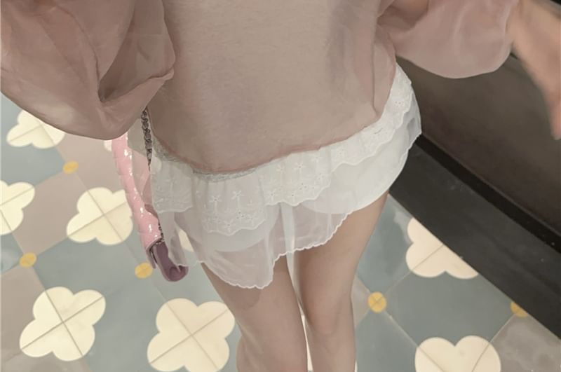 Plain Blouse Set: Sheer Sleeve Top Crew Cami + Neck Long