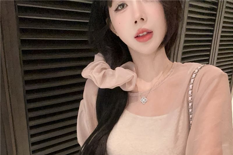 Plain Blouse Set: Sheer Sleeve Top Crew Cami + Neck Long