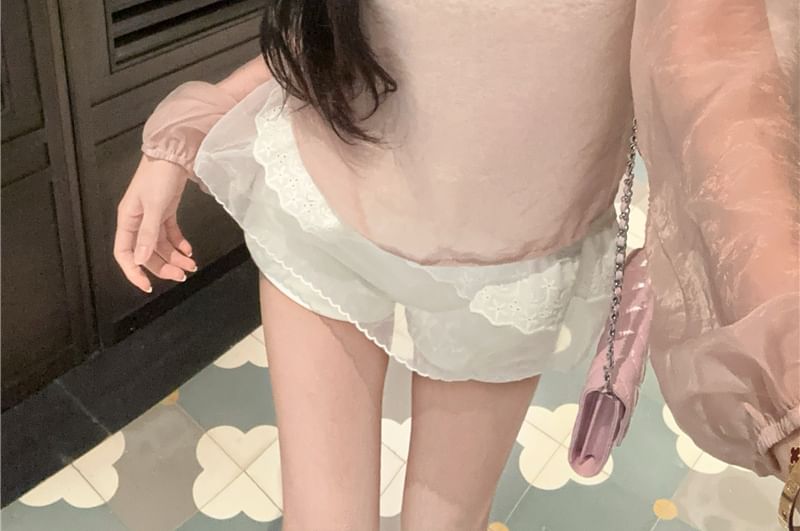 Plain Blouse Set: Sheer Sleeve Top Crew Cami + Neck Long