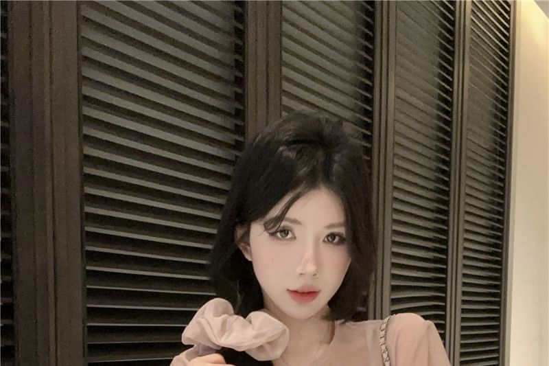 Plain Blouse Set: Sheer Sleeve Top Crew Cami + Neck Long