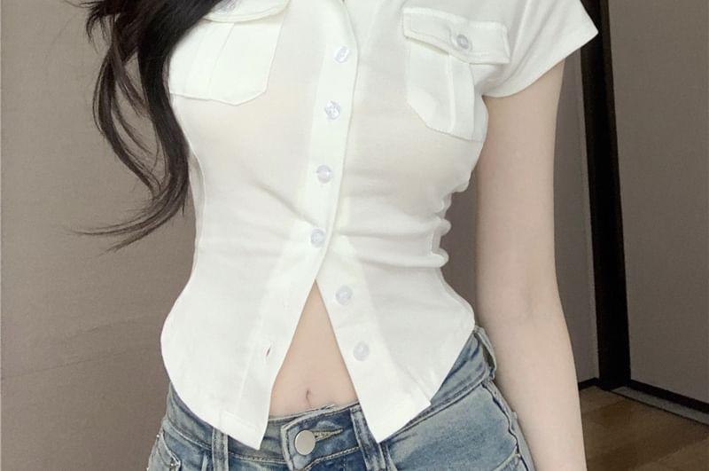 Collared Plain Sleeve Pocket Jersey Shirt Cap Flap