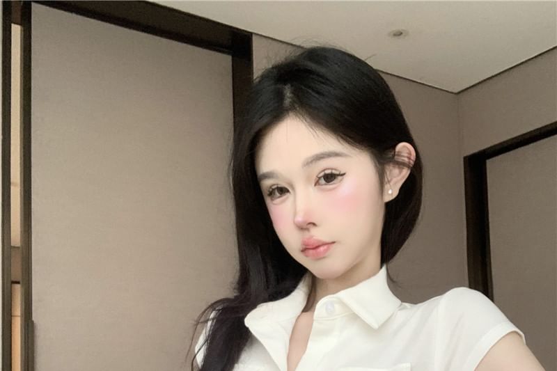 Collared Plain Sleeve Pocket Jersey Shirt Cap Flap