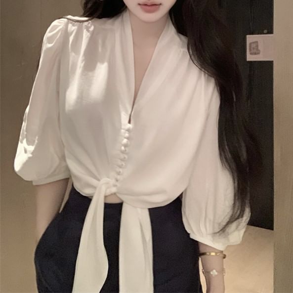 Tie Front Plain Blouse Sleeve Elbow V-Neck