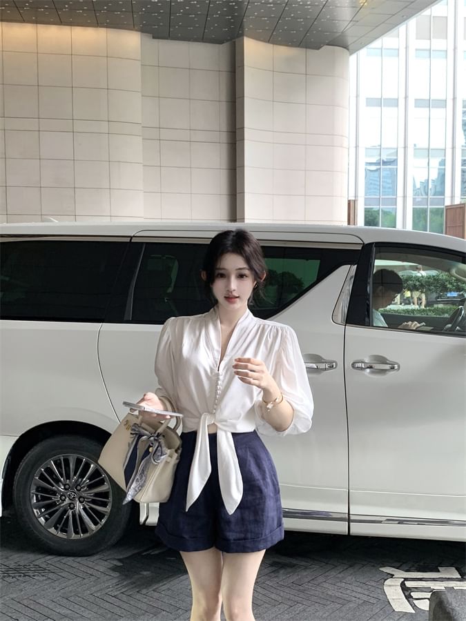 Tie Front Plain Blouse Sleeve Elbow V-Neck