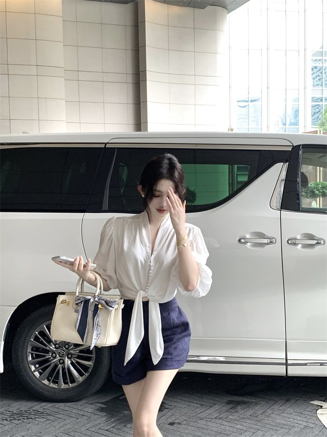 Tie Front Plain Blouse Sleeve Elbow V-Neck