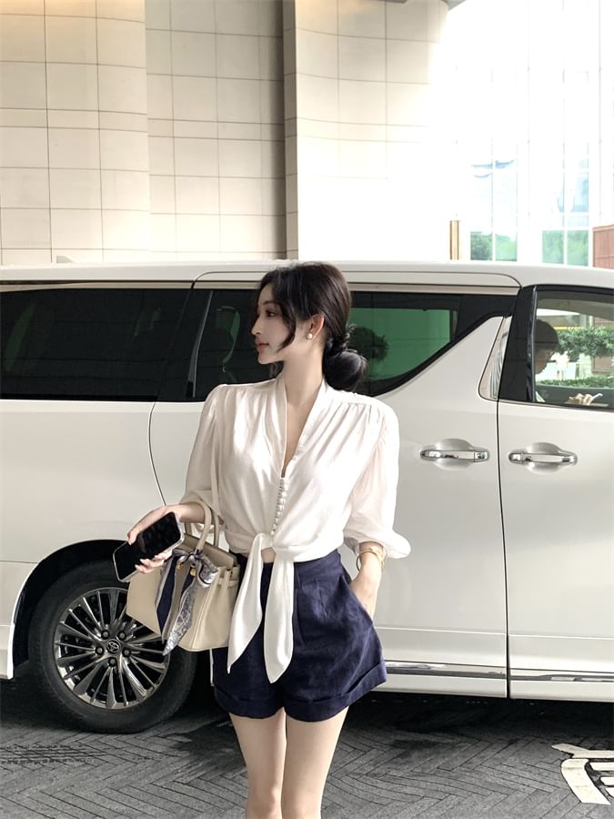 Tie Front Plain Blouse Sleeve Elbow V-Neck
