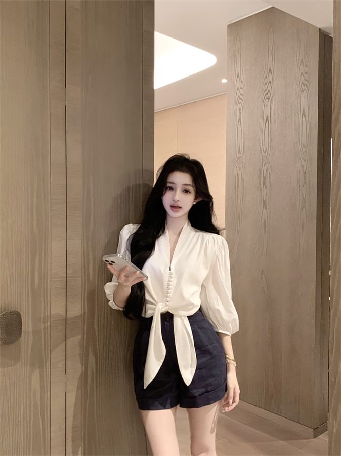 Tie Front Plain Blouse Sleeve Elbow V-Neck
