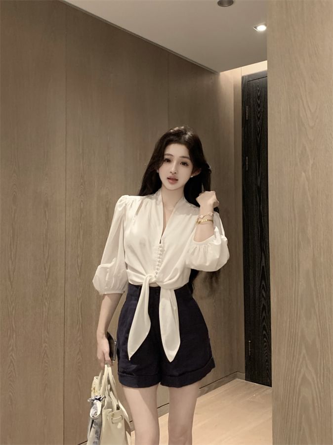 Tie Front Plain Blouse Sleeve Elbow V-Neck