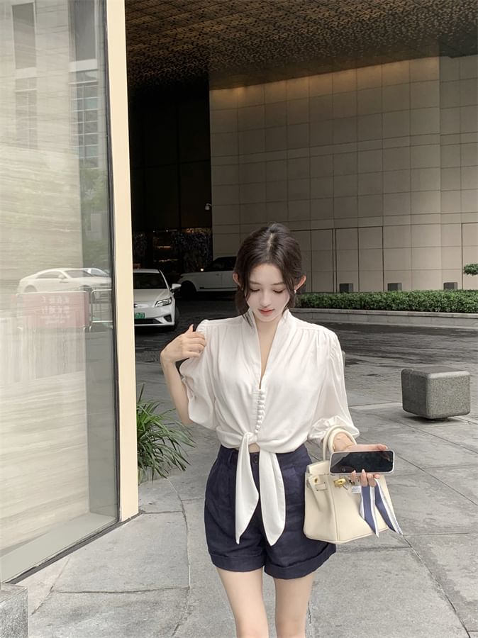Tie Front Plain Blouse Sleeve Elbow V-Neck