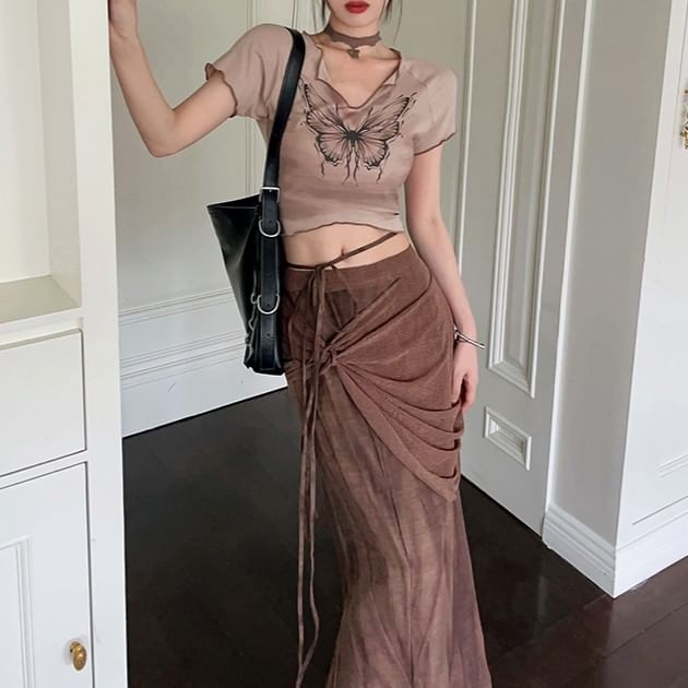 Butterfly Skirt Waist Short Maxi Pencil Sleeve Tie-Up Tee Crop / Print Mid V-Neck