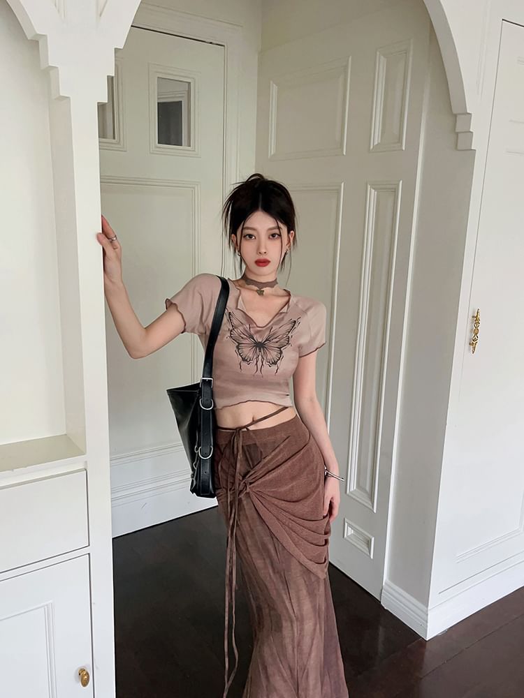 Butterfly Skirt Waist Short Maxi Pencil Sleeve Tie-Up Tee Crop / Print Mid V-Neck