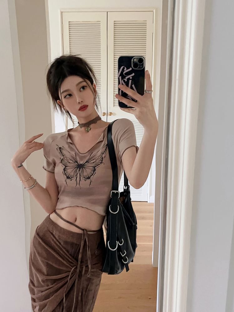 Butterfly Skirt Waist Short Maxi Pencil Sleeve Tie-Up Tee Crop / Print Mid V-Neck