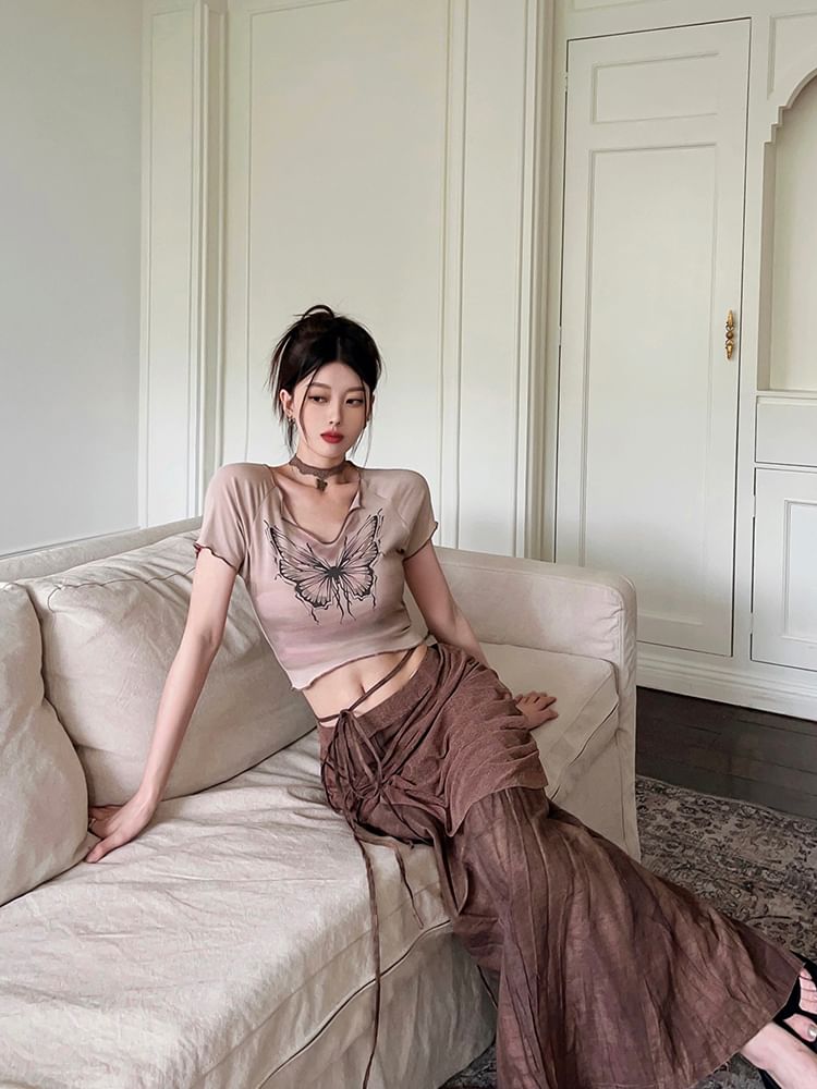 Butterfly Skirt Waist Short Maxi Pencil Sleeve Tie-Up Tee Crop / Print Mid V-Neck