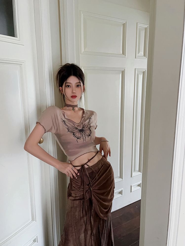 Butterfly Skirt Waist Short Maxi Pencil Sleeve Tie-Up Tee Crop / Print Mid V-Neck