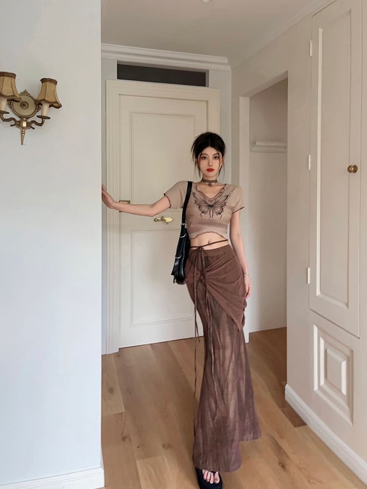 Butterfly Skirt Waist Short Maxi Pencil Sleeve Tie-Up Tee Crop / Print Mid V-Neck