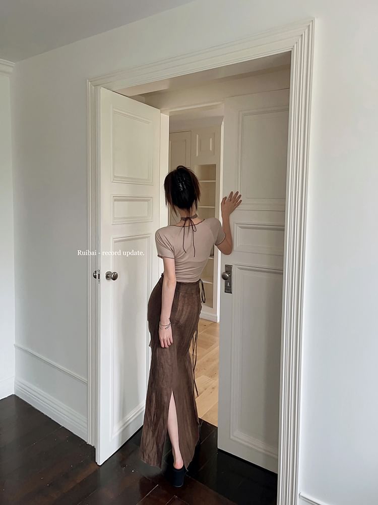 Butterfly Skirt Waist Short Maxi Pencil Sleeve Tie-Up Tee Crop / Print Mid V-Neck