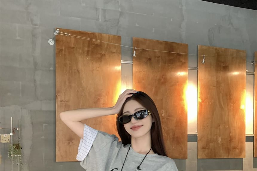 Short Round Sleeve Neck Striped Print Lettering Panel T-Shirt