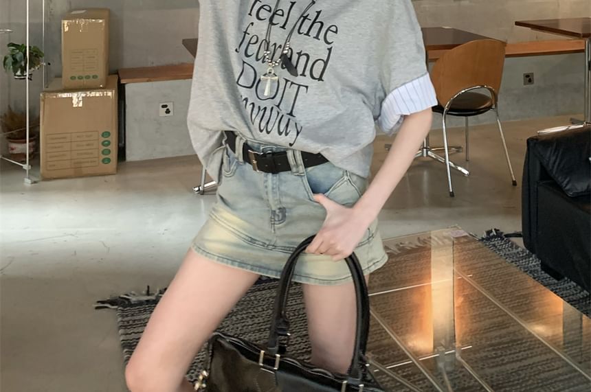 Short Round Sleeve Neck Striped Print Lettering Panel T-Shirt