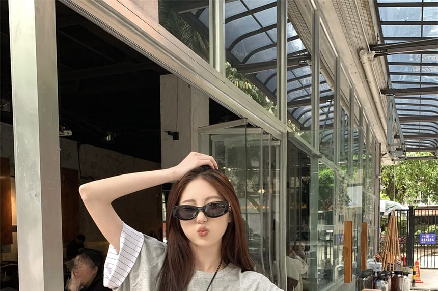 Short Round Sleeve Neck Striped Print Lettering Panel T-Shirt