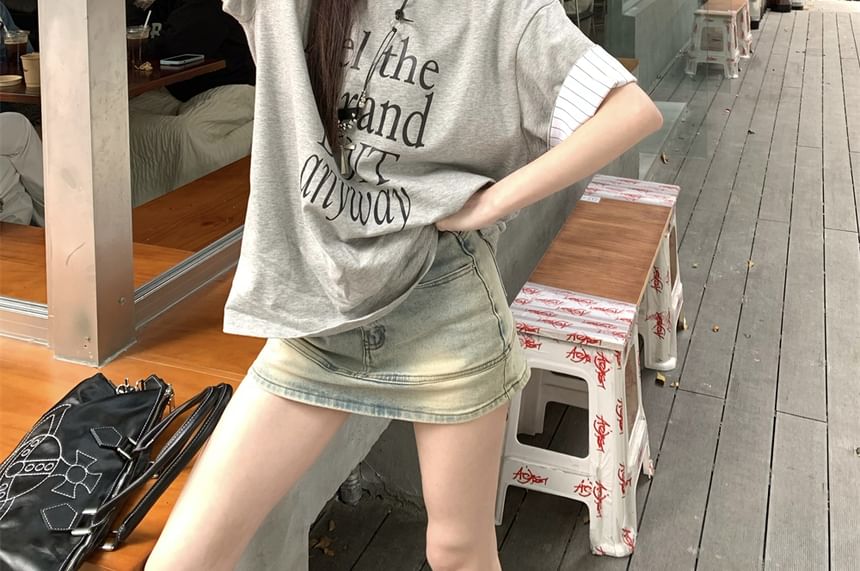 Short Round Sleeve Neck Striped Print Lettering Panel T-Shirt