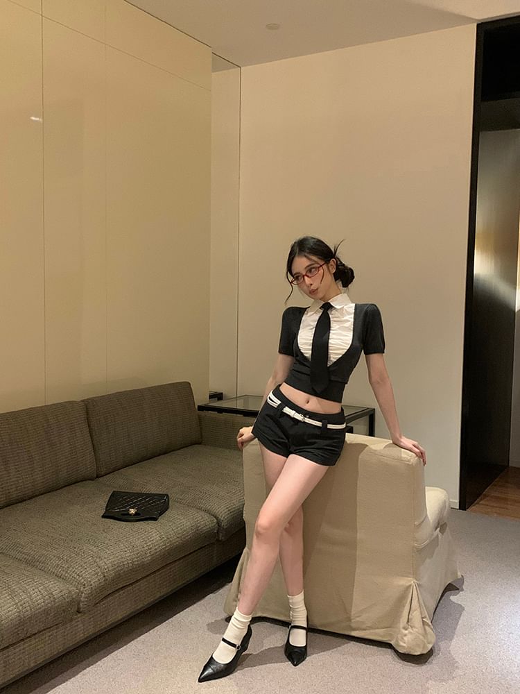 Piece Crop Two Plain Necktie Collared Sleeve Rise Mock / Top Mid Short Shorts Ruched