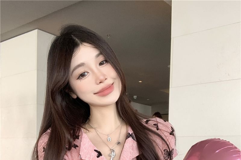 Top Sleeve Short Button V-Neck Print Butterfly