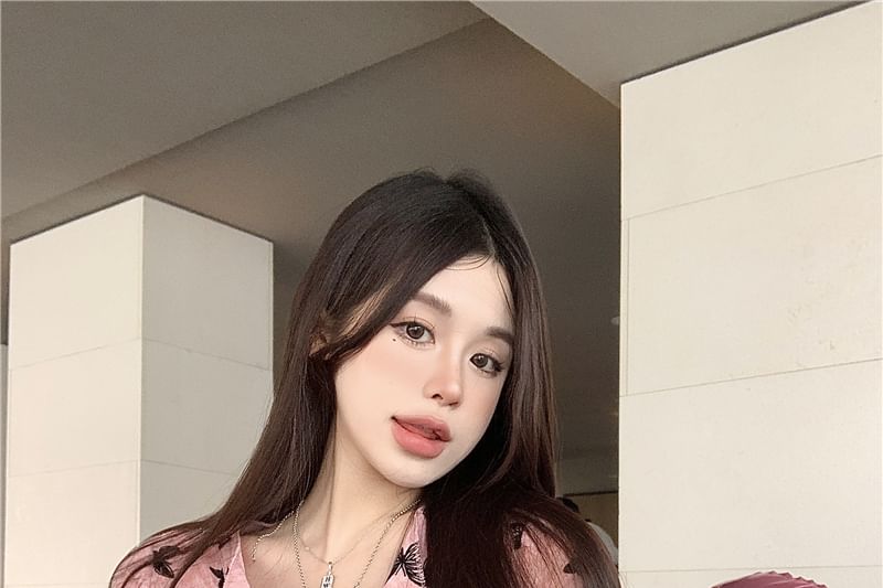 Top Sleeve Short Button V-Neck Print Butterfly