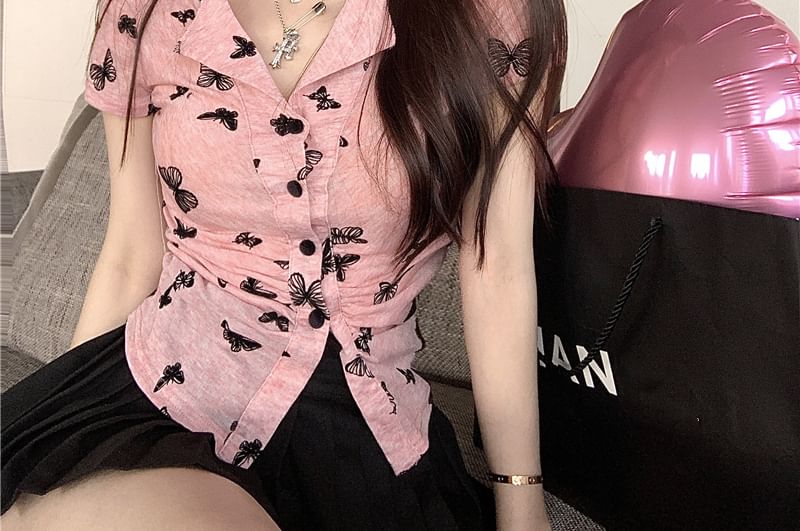 Top Sleeve Short Button V-Neck Print Butterfly