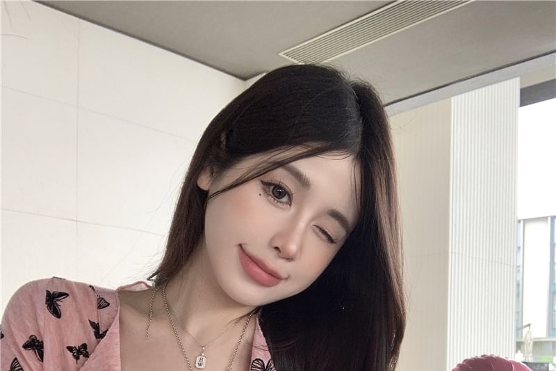 Top Sleeve Short Button V-Neck Print Butterfly