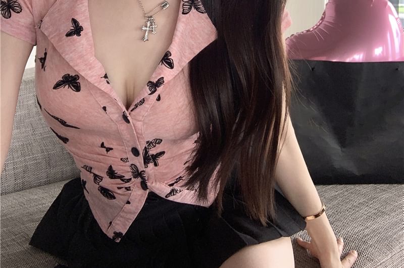 Top Sleeve Short Button V-Neck Print Butterfly