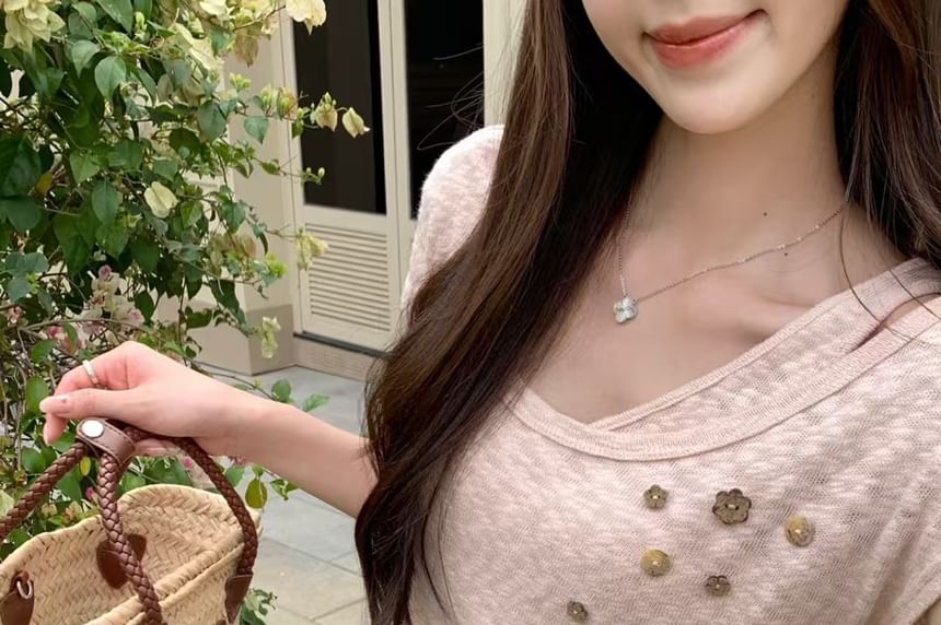 Button Top Set: Cord Belt Cold Sleeve Plain Shoulder Short +