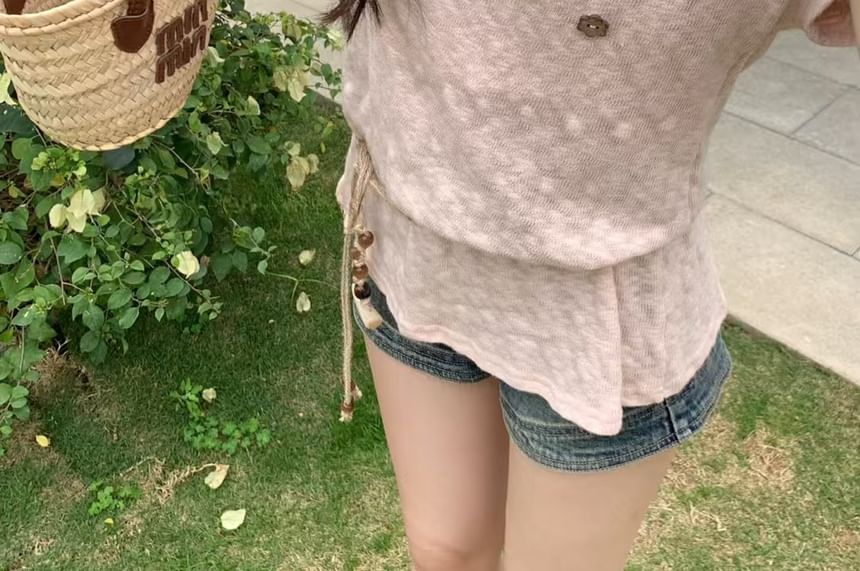 Button Top Set: Cord Belt Cold Sleeve Plain Shoulder Short +