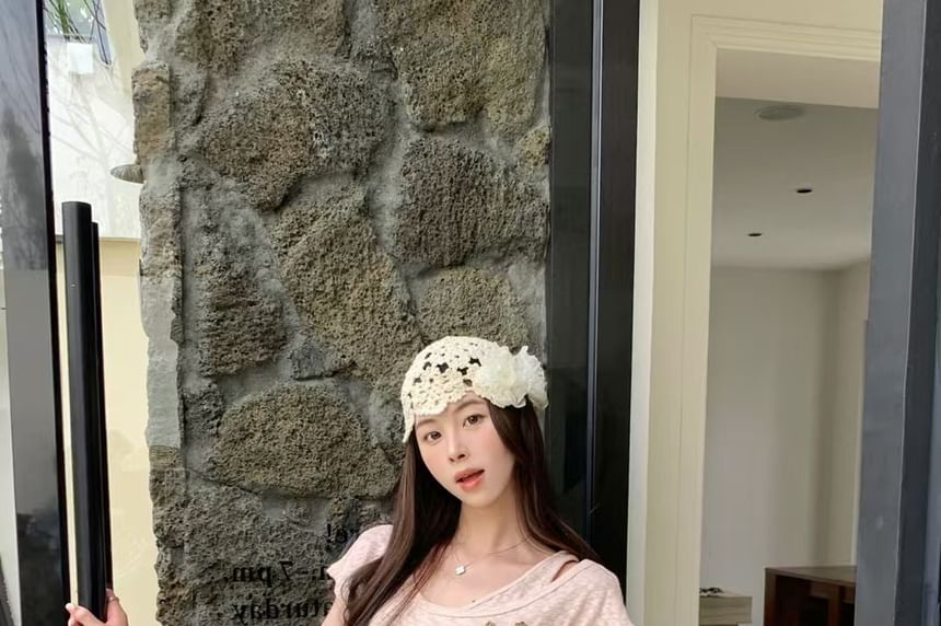 Button Top Set: Cord Belt Cold Sleeve Plain Shoulder Short +