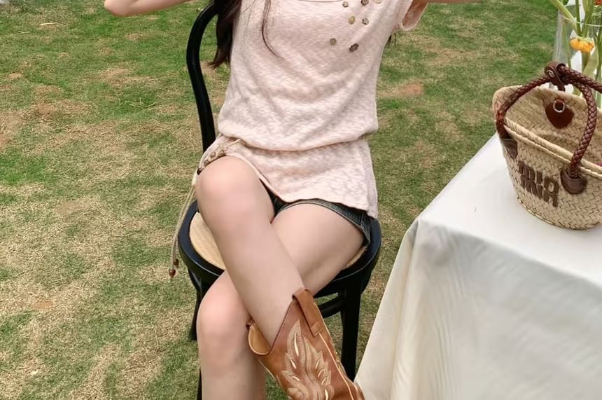 Button Top Set: Cord Belt Cold Sleeve Plain Shoulder Short +