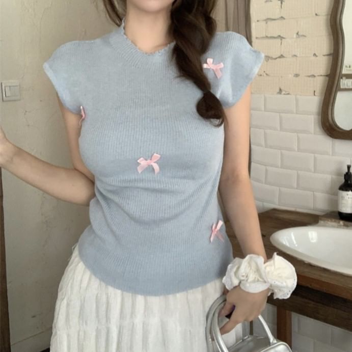 Crew Neck Knit Top Bow Sleeve Cap