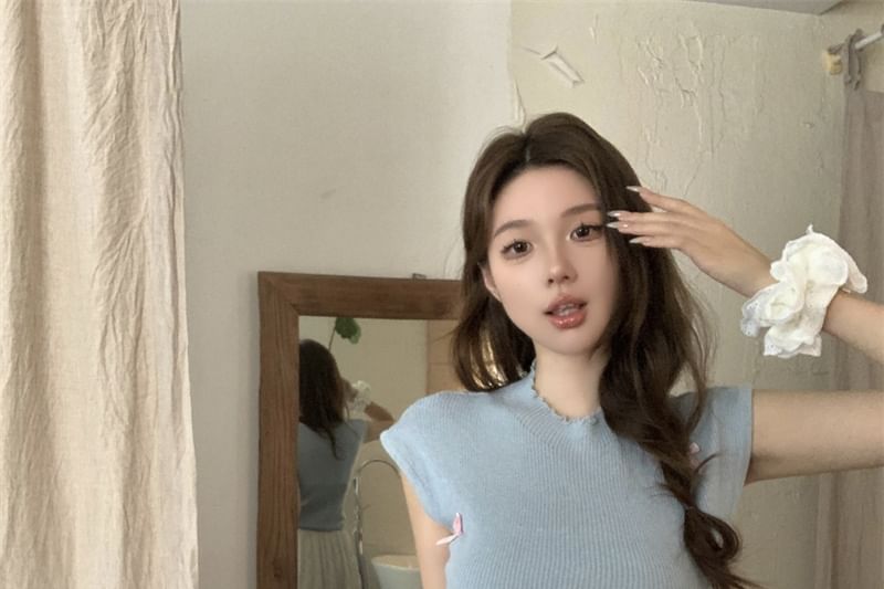 Crew Neck Knit Top Bow Sleeve Cap