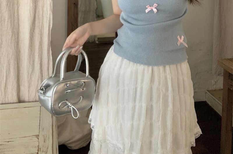 Crew Neck Knit Top Bow Sleeve Cap