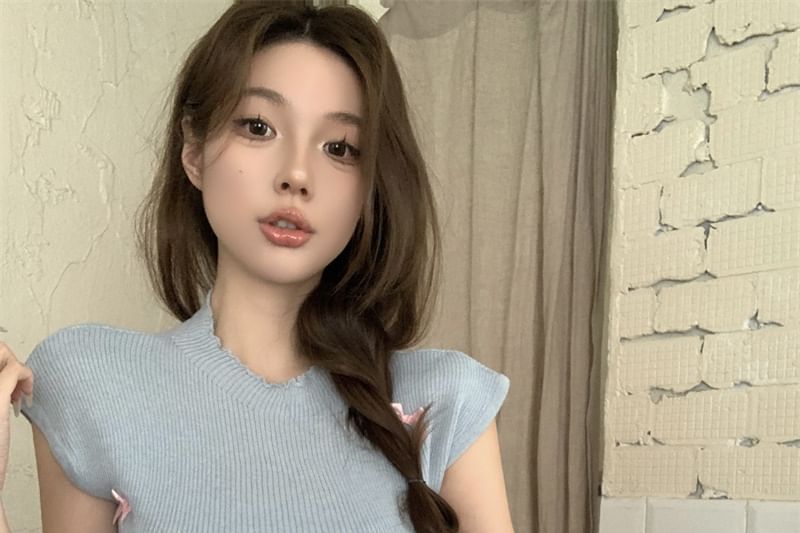 Crew Neck Knit Top Bow Sleeve Cap