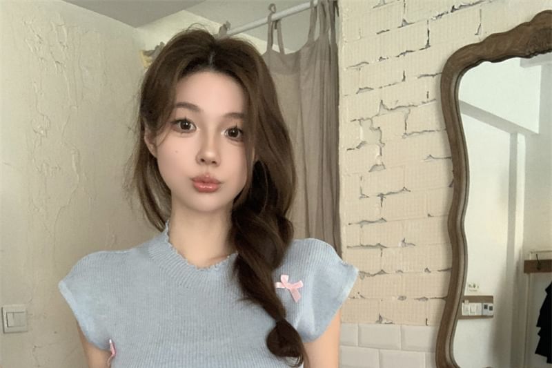 Crew Neck Knit Top Bow Sleeve Cap