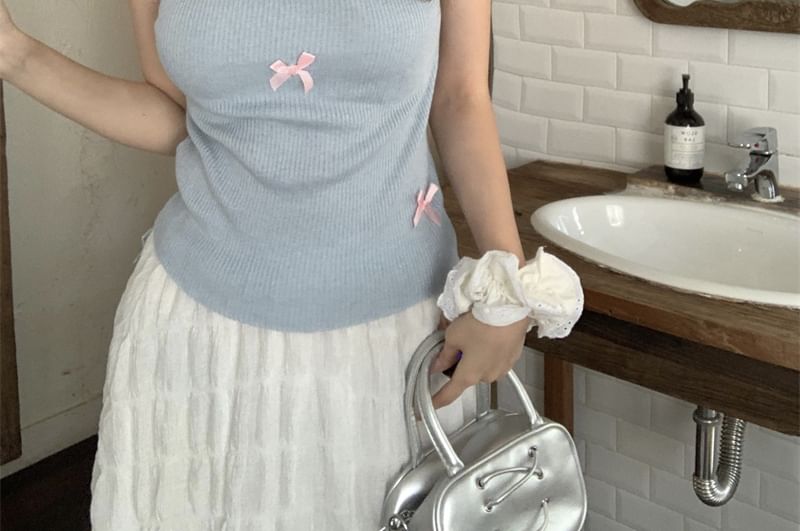 Crew Neck Knit Top Bow Sleeve Cap