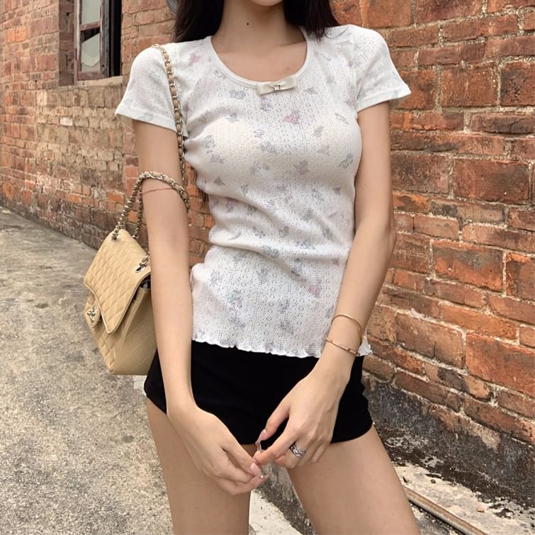 Sleeve T-Shirt Pointelle Neck Round Short Bow
