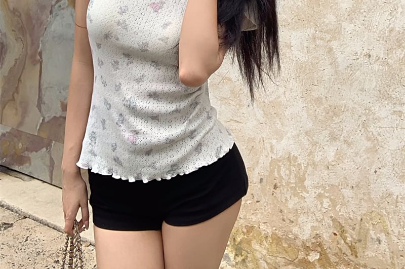 Sleeve T-Shirt Pointelle Neck Round Short Bow