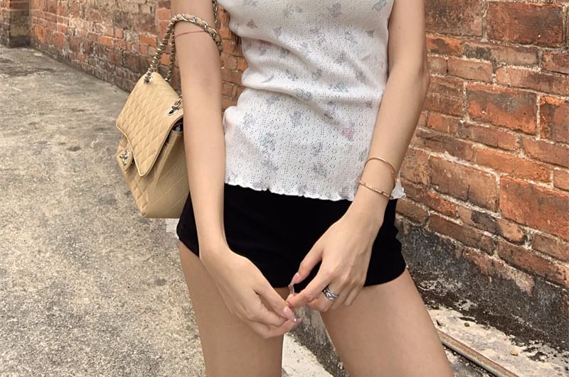 Sleeve T-Shirt Pointelle Neck Round Short Bow