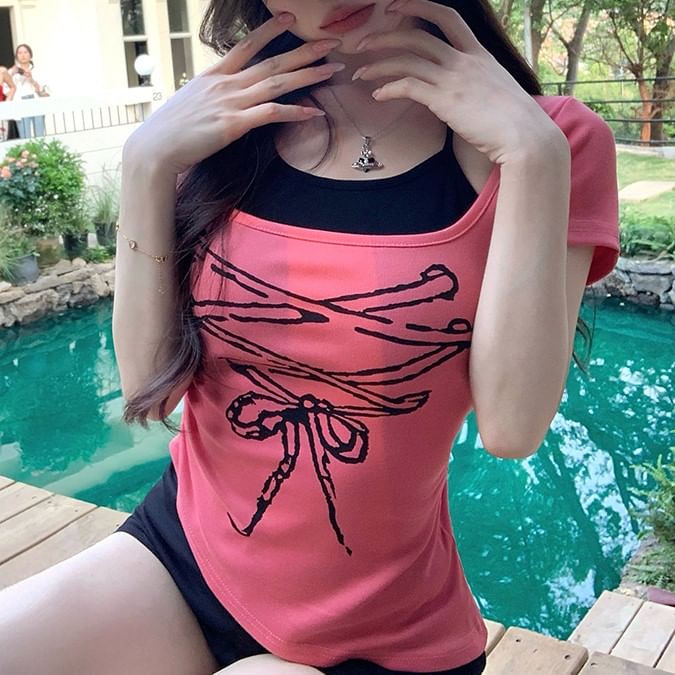 Patterned Short Print Two Sleeve Asymmetrical Tee Piece Mock