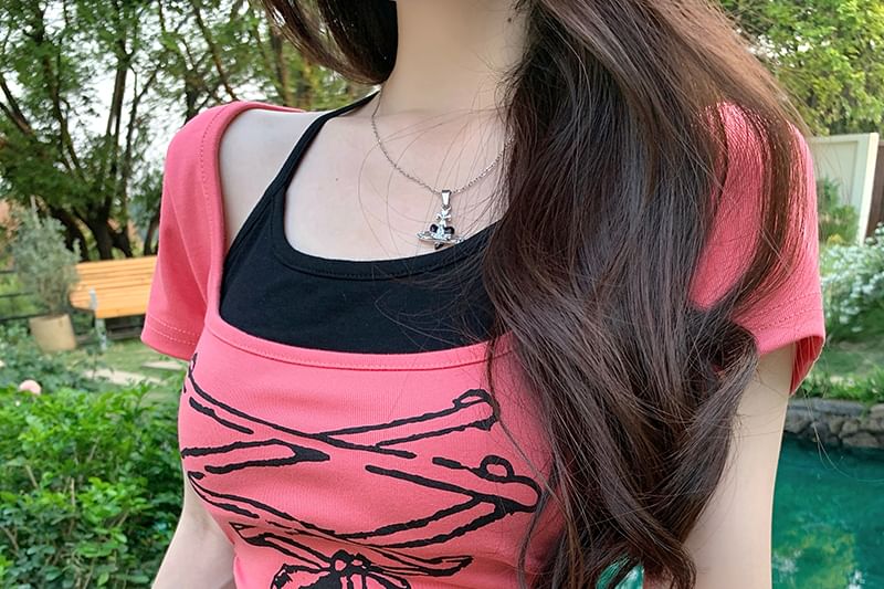 Patterned Short Print Two Sleeve Asymmetrical Tee Piece Mock